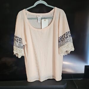 BiBi Women's Blush Top with Lace and Leopard Print Sleeves